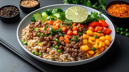 Colorful and Delicious Fried Rice Dish with Vegetables and Lime on a Sleek White Plate