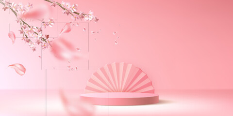 3d spring sakura flower podium. Pink product platform with cherry blossom and flying petal illustration scene. Abstract minimal cosmetic display stand in japanese showcase with branch realistic mockup