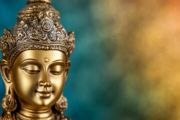 Fototapeta premium Golden buddha statue on multicolored background with peaceful expression