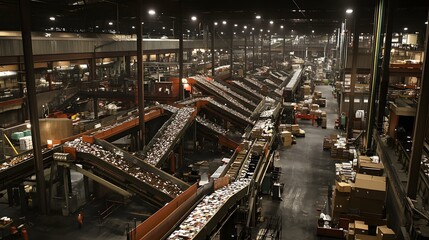 Obraz premium Mail sorting facility with automated machinery efficiently processing and organizing large volumes of mail, showcasing the importance of technology in modern logistics and postal services.