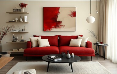 Red sofa in modern living room with abstract art. (2)