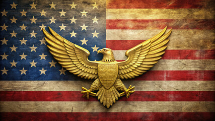 A gold badge with an eagle framed by an American flag, on a colorful vintage aged background, symbolizes freedom and patriotism.