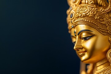 Golden hindu deity statue with intricate details on dark background