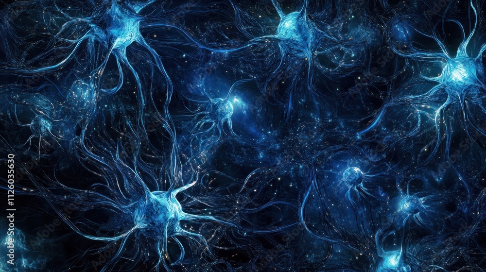 Poster a futuristic concept of neural networks with dynamic connections lighting up in a dark 3d space