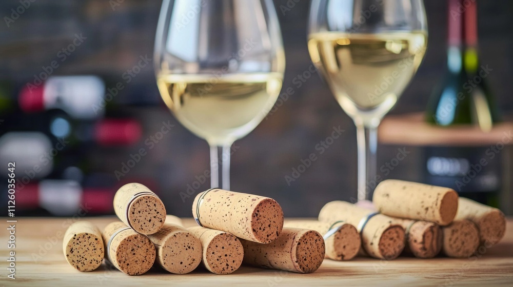 Poster a beautiful arrangement of wine corks is set against a blurred backdrop of wine bottles, while two g