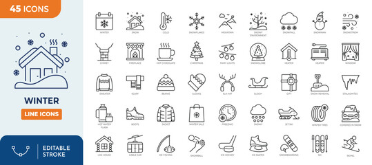 Winter icon set. Outline Icon Collection. Vector illustration. Editable stroke	