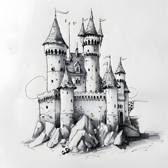 A castle with a large tower and a flag on top
