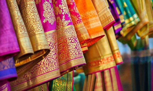Vibrant Indian Silk Sarees with Gold Embroidered Borders Hanging in a Row