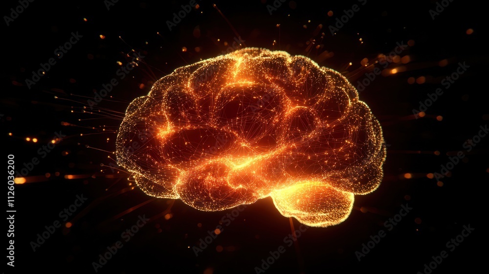 Poster a glowing 3d brain with interconnected nodes and lines, symbolizing a neural network, on a dark futu
