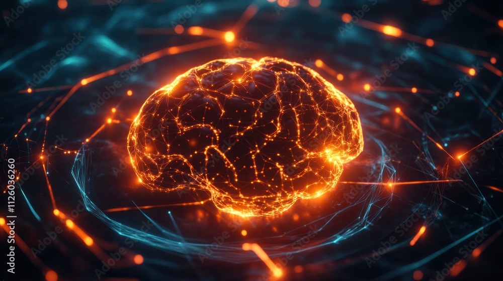 Poster a glowing 3d brain with interconnected nodes and lines, symbolizing a neural network, on a dark futu