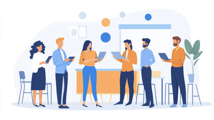 group of diverse professionals networking at conference, engaging with digital devices and sharing ideas in modern office setting. atmosphere is collaborative and dynamic