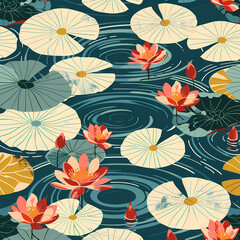 Beautiful floral design featuring vibrant water lilies on a serene water surface, evoking tranquility and nature's elegance.