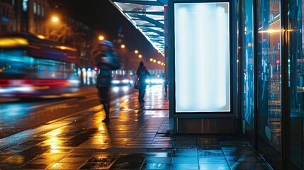 Design a close-up nighttime scene of a sleek bus stop, The main focus is a brightly lit