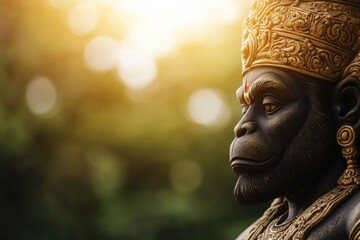Serene hanuman statue with golden crown at sunset