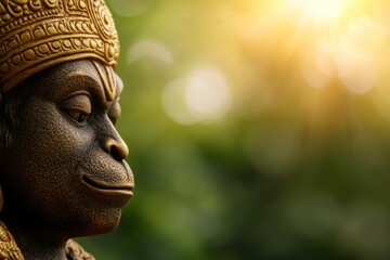 Close-up of hanuman statue in sunlight with ornate headdress