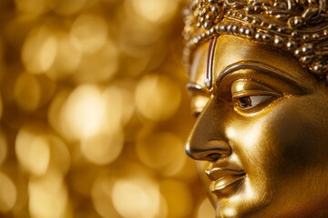 Golden statue of hindu deity with intricate details and sparkling bokeh background