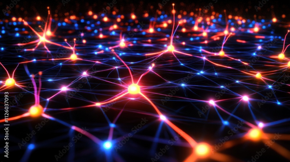 Poster a glowing concept of neural networks with dynamic connections spreading across a black digital grid
