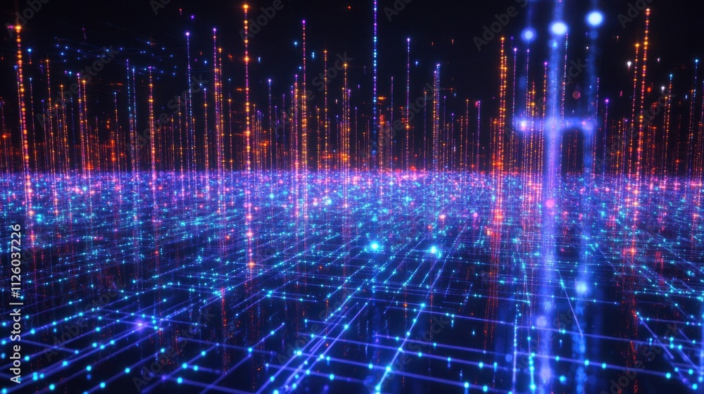 Poster a glowing grid of nodes forming a digital neural network structure, with data streams in the backgro