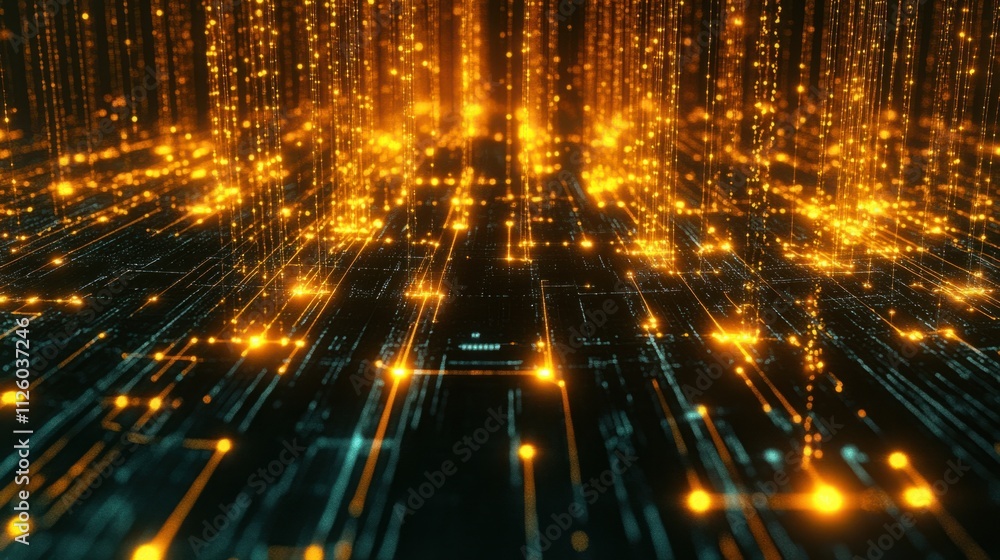 Poster a glowing grid of nodes forming a digital neural network structure, with data streams in the backgro