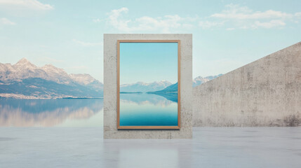 serene landscape framed by modern structure, showcasing tranquil lake and mountains. scene evokes calmness and inspiration, perfect for motivational setting