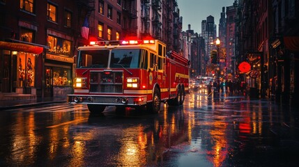 fire truck responding to an emergency in a city at night