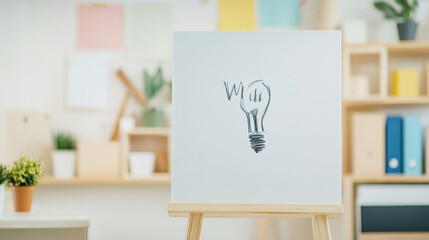 light bulb sketch on whiteboard symbolizes creativity and inspiration in bright workspace. This motivational setting encourages innovative thinking and idea generation