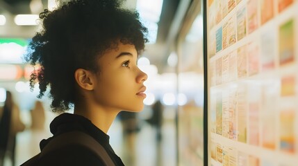 Person standing in front of a job listings board, scanning opportunities with a focused expression. The scene conveys the pursuit of career advancement and the search for meaningful employment.