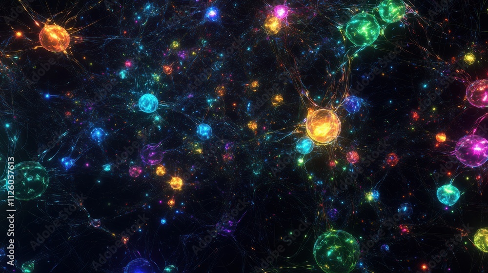 Poster a glowing neural network concept with colorful dynamic connections spreading across a dark 3d space