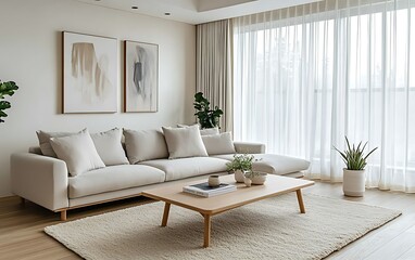 Fototapeta premium Minimalist living room with beige sofa, rug, wooden coffee table, sheer curtains, and abstract art.