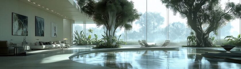 Fototapeta premium Serene Oasis: Luxurious Indoor Pool Surrounded by Lush Tropical Foliage