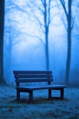 Fototapeta premium Serene Wooden Bench in Misty Forest Surrounded by Trees