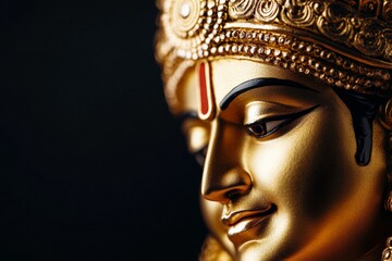 Close-up of golden hindu deity sculpture with detailed ornamentation