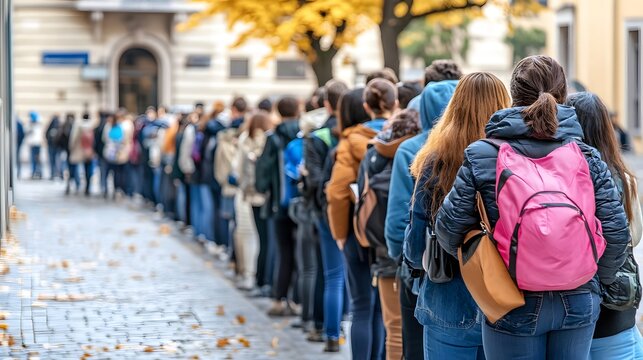 Line of people outside unemployment office, reflecting the challenges and resilience of individuals facing economic hardship, community solidarity in uncertain times.