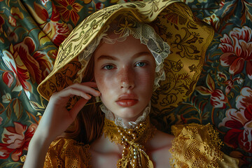 A young Caucasian girl with freckles, adorned in a vintage yellow hat and lace, gazes thoughtfully against a floral background.