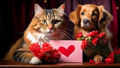 Fototapeta premium A cat painting a Valentine’s Day card while a dog holds a bouquet of flowers