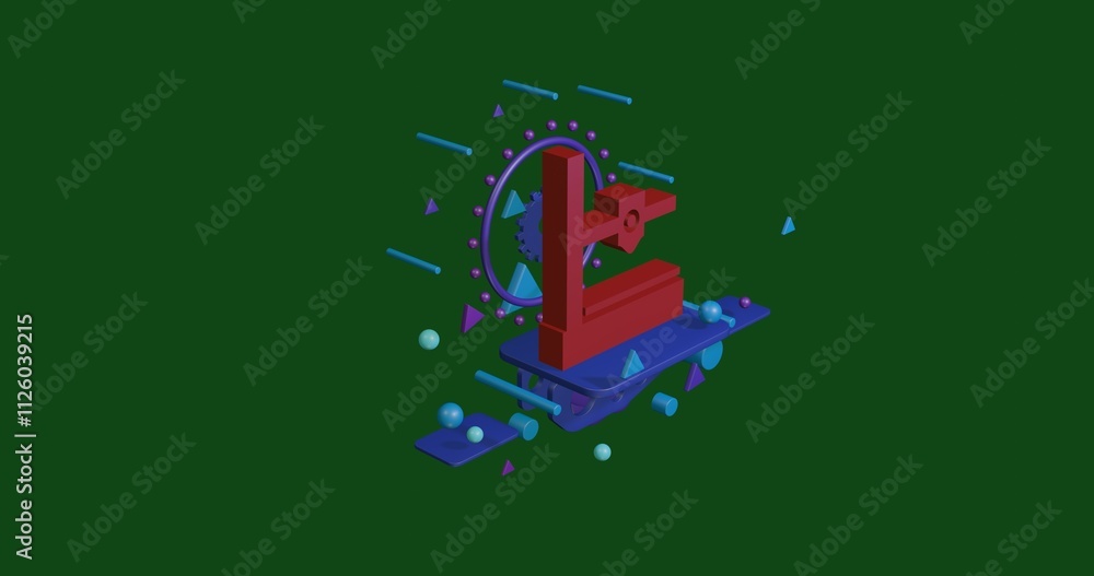 Poster red small 3d printer symbol on a pedestal of abstract geometric shapes floating in the air. abstract