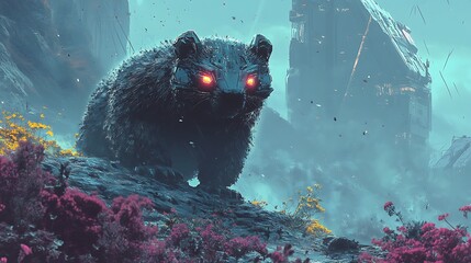 A large, dark, mythical creature resembling a raccoon with glowing red eyes sits amidst vibrant flowers and a misty, ancient village backdrop.
