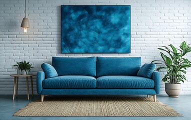 Blue sofa, abstract painting, white brick wall, minimalist living room.