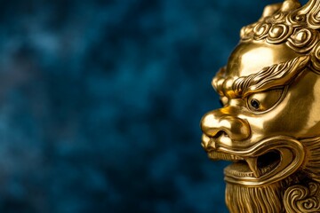 Golden chinese dragon figurine against blue background