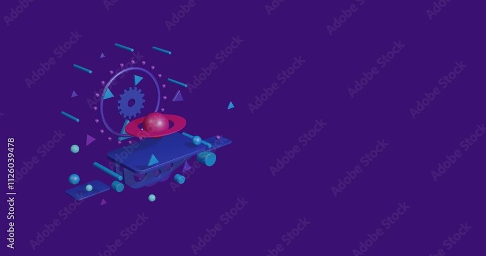 Poster pink saturn symbol on a pedestal of abstract geometric shapes floating in the air. abstract concept 