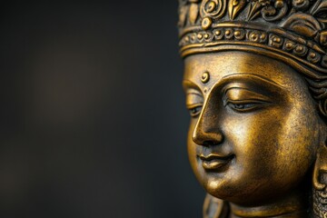 Close-up of a serene golden hindu goddess statue with ornate headdress