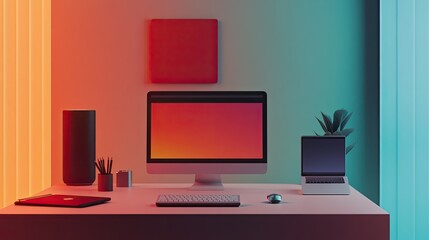 Modern minimalist workspace with computer, laptop, and accessories under colorful lighting.