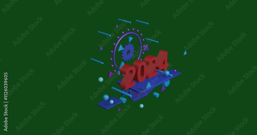 Aufkleber red 2024 year symbol on a pedestal of abstract geometric shapes floating in the air. abstract concep