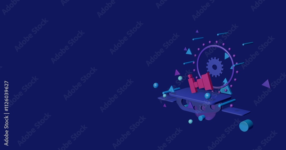 Poster pink camera symbol on a pedestal of abstract geometric shapes floating in the air. abstract concept 