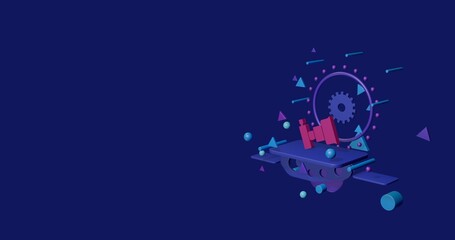 Naklejka premium Pink camera symbol on a pedestal of abstract geometric shapes floating in the air. Abstract concept art with flying shapes on the right. 3d illustration on indigo background