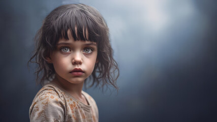 Portrait of a young girl with wavy dark hair and expressive hazel eyes, wearing a patterned top, set against a soft, moody blue background. Innocent child.
