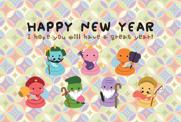HappyNewYear　和ポップカラフル年賀状　白蛇　カラフル七福神