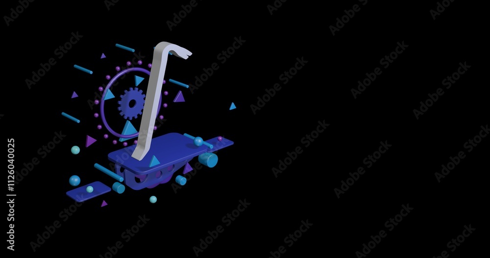 Poster white crowbar symbol on a pedestal of abstract geometric shapes floating in the air. abstract concep