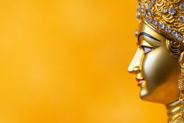 Obraz premium Hindu goddess statue profile with gold crown and earrings on yellow background