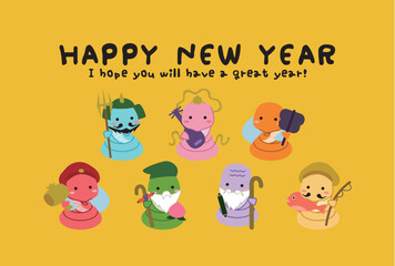 2025年賀状　カラフル七福神　背景黄色